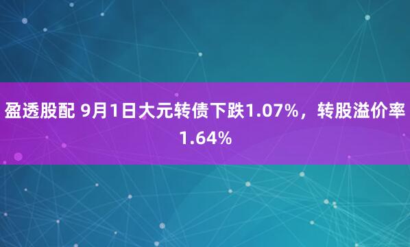 盈透股配 9月1日大元转债下跌1.07%，转股溢价率1.64%